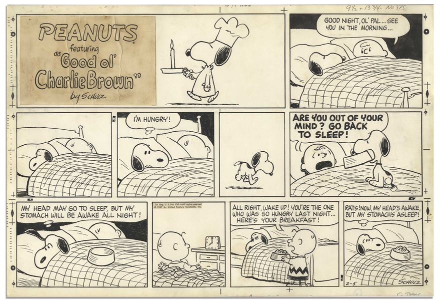 Adorable ''Peanuts'' Sunday Comic Strip From 1967, Original Hand-Drawn by Charles Schulz -- Snoopy Wants a Bedtime Snack